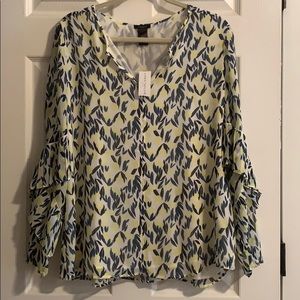 Ann Taylor Lemon Print Long Sleeve Chiffon Blouse
